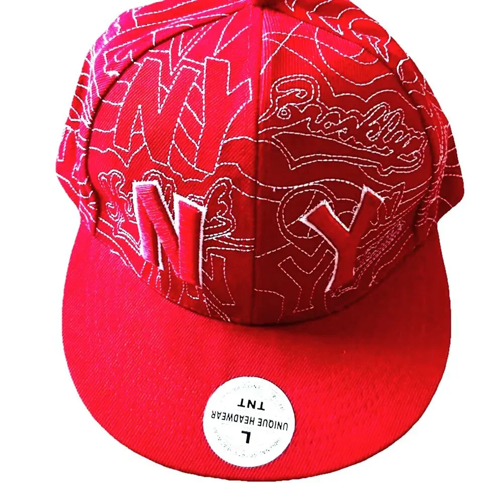 Y2K NY Red Hat White Stick Look Flat Bill New York Artsy 7 1/4 Retro RARE 90s